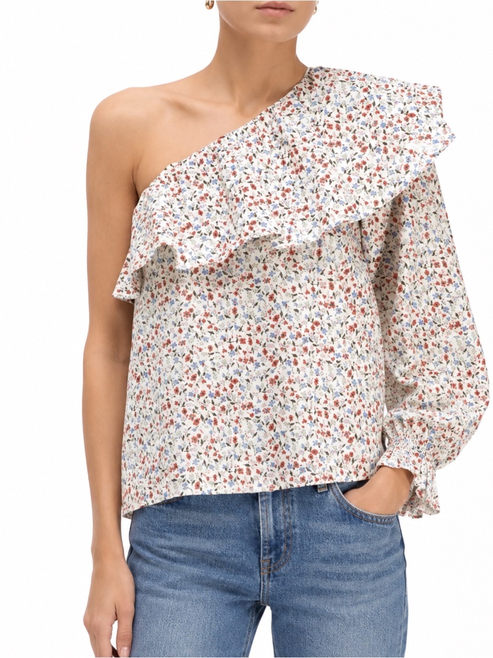 Zara One-Shoulder Ruffle Floral Top - White with Red & Blue Print
